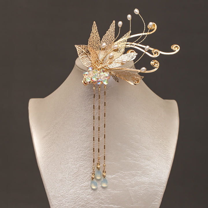 Pinza para el pelo con borlas y flores de hojas doradas tradicionales chinas con Buddha Stones