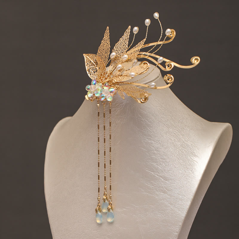 Pinza para el pelo con borlas y flores de hojas doradas tradicionales chinas con Buddha Stones