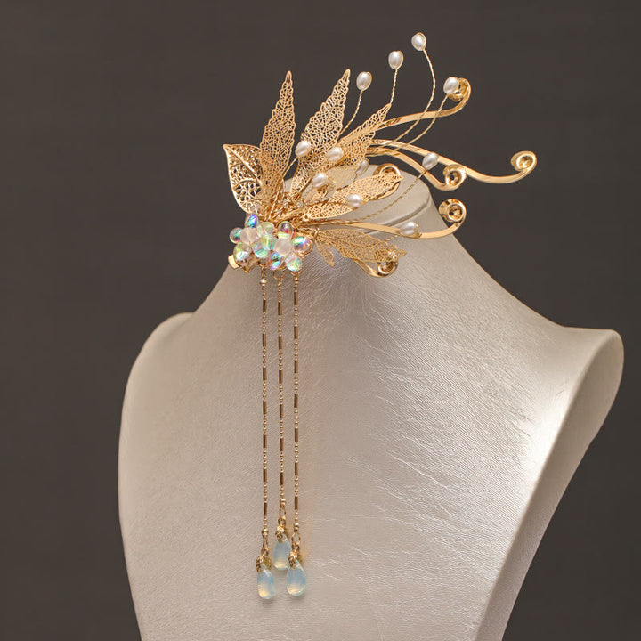 Pinza para el pelo con borlas y flores de hojas doradas tradicionales chinas con Buddha Stones