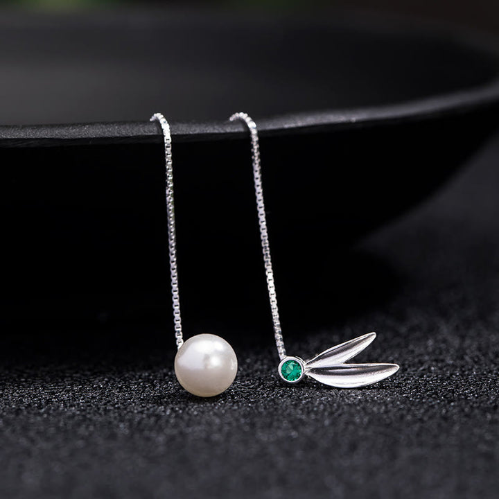 Pendientes colgantes con protección de hojas de bambú, circonitas y perlas de plata de ley 925 con Buddha Stones - image 5