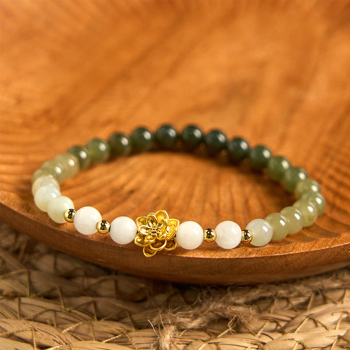 Pulsera de la abundancia con loto degradado de jade hetiano natural y Buddha Stones