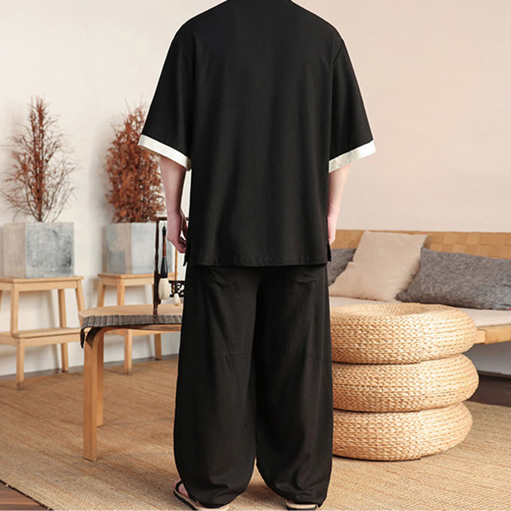 Conjunto de 2 piezas de camisa y pantalones anchos con botones de rana china para hombre con Buddha Stones y tela de meditación - image 2
