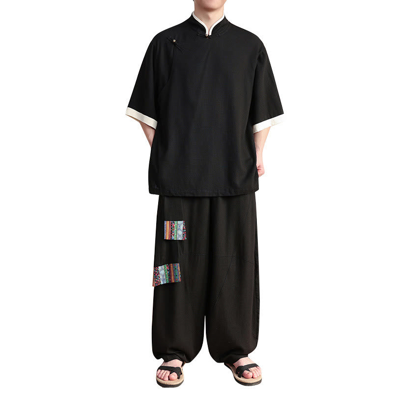 Conjunto de 2 piezas de camisa y pantalones anchos con botones de rana china para hombre con Buddha Stones y tela de meditación - image 5