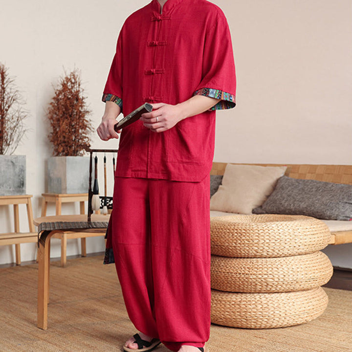 Conjunto de 2 piezas de camisa con botones de rana china y pantalones anchos de tela de meditación para hombre con bolsillos y Buddha Stones - image 23