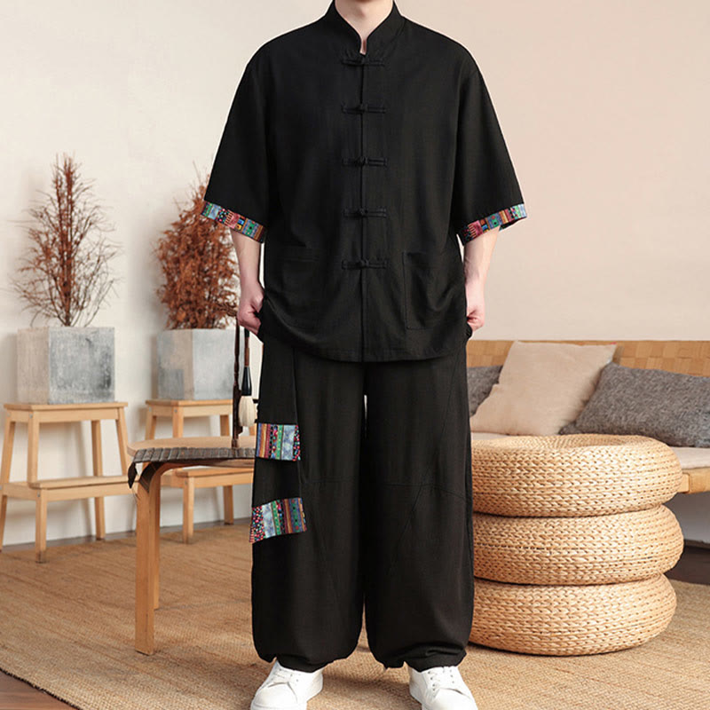 Conjunto de 2 piezas de camisa con botones de rana china y pantalones anchos de tela de meditación para hombre con bolsillos y Buddha Stones - image 14