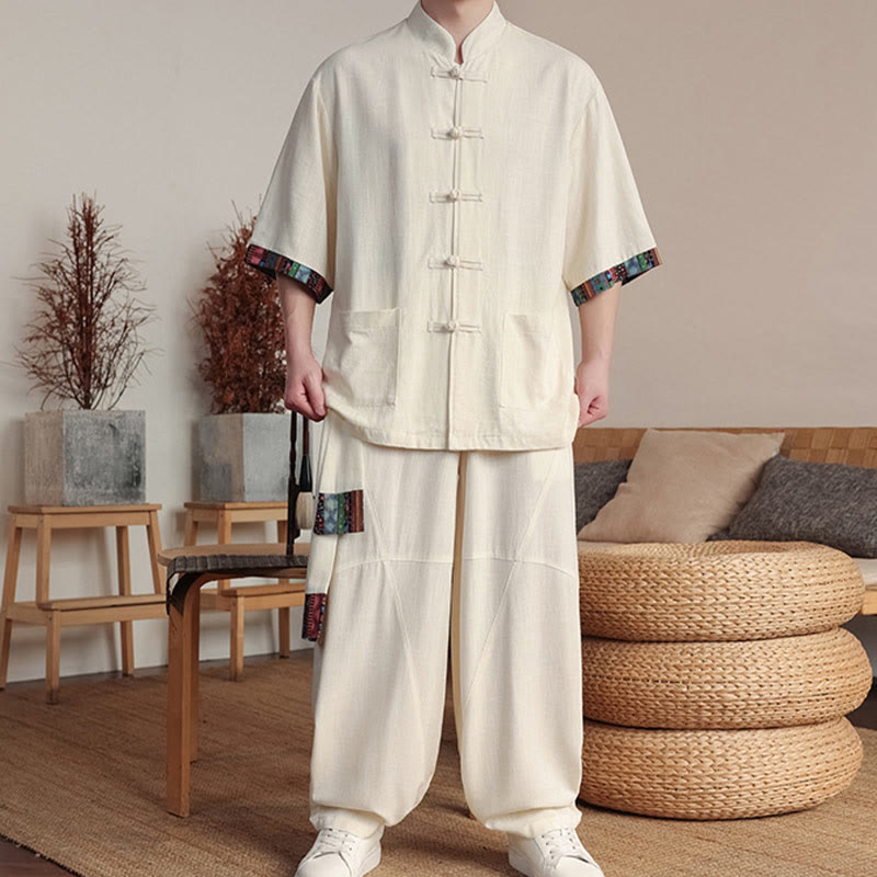 Conjunto de 2 piezas de camisa con botones de rana china y pantalones anchos de tela de meditación para hombre con bolsillos y Buddha Stones - image 6