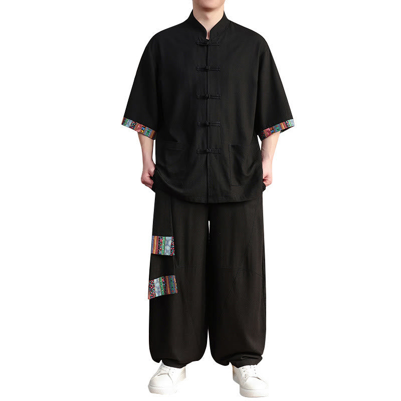 Conjunto de 2 piezas de camisa con botones de rana china y pantalones anchos de tela de meditación para hombre con bolsillos y Buddha Stones - image 18