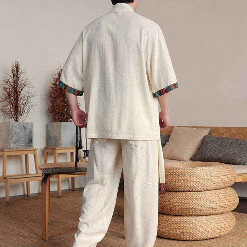 Conjunto de 2 piezas de camisa con botones de rana china y pantalones anchos de tela de meditación para hombre con bolsillos y Buddha Stones - image 3