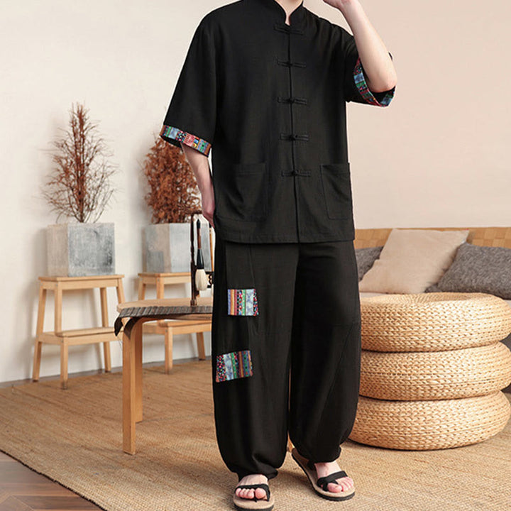 Conjunto de 2 piezas de camisa con botones de rana china y pantalones anchos de tela de meditación para hombre con bolsillos y Buddha Stones - image 11