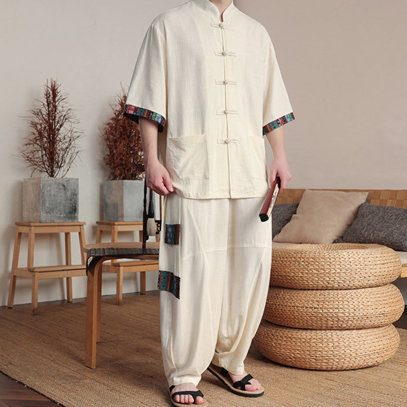 Conjunto de 2 piezas de camisa con botones de rana china y pantalones anchos de tela de meditación para hombre con bolsillos y Buddha Stones - image 4