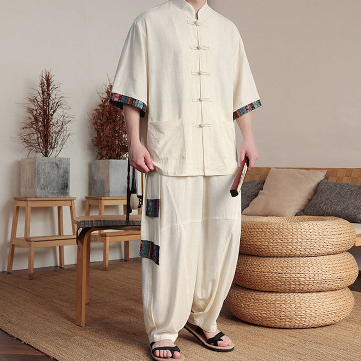 Conjunto de 2 piezas de camisa con botones de rana china y pantalones anchos de tela de meditación para hombre con bolsillos y Buddha Stones - image 4