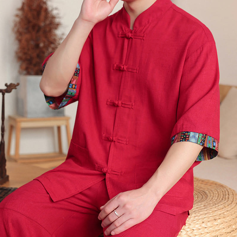 Conjunto de 2 piezas de camisa con botones de rana china y pantalones anchos de tela de meditación para hombre con bolsillos y Buddha Stones - image 27