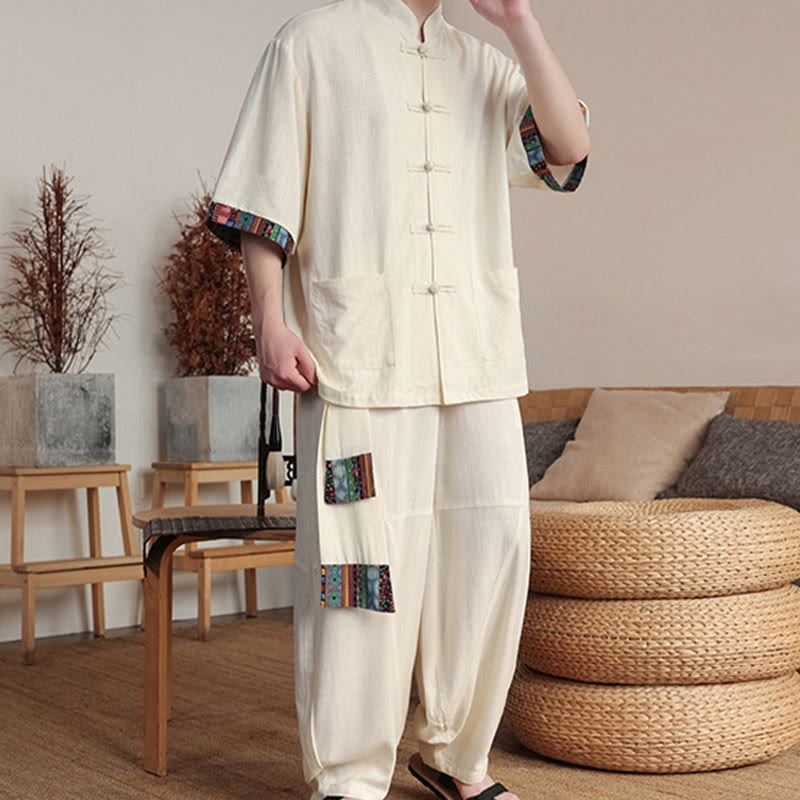 Conjunto de 2 piezas de camisa con botones de rana china y pantalones anchos de tela de meditación para hombre con bolsillos y Buddha Stones - image 2