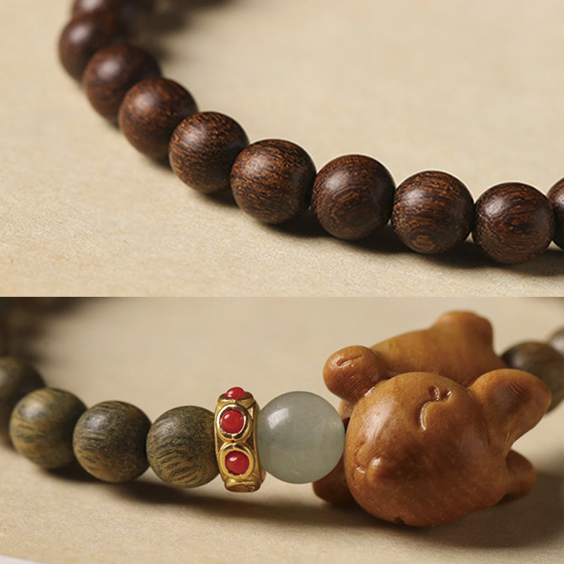 Pulsera positiva con forma de conejo y sándalo verde y dorado con Buddha Stones