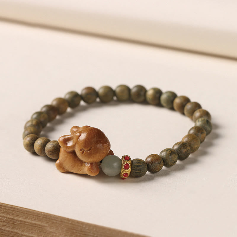 Pulsera positiva con forma de conejo y sándalo verde y dorado con Buddha Stones