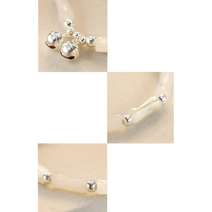 Pulsera de plata de ley 925 con Buddha Stones, jade blanco natural, campana de bambú, pulsera de suerte y felicidad