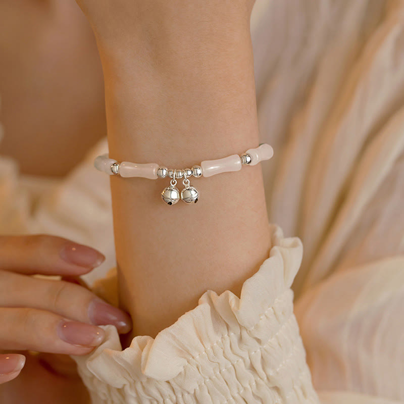 Pulsera de plata de ley 925 con Buddha Stones, jade blanco natural, campana de bambú, pulsera de suerte y felicidad