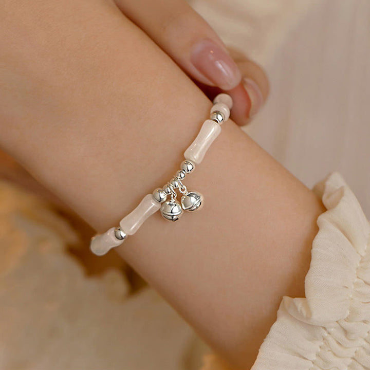 Pulsera de plata de ley 925 con Buddha Stones, jade blanco natural, campana de bambú, pulsera de suerte y felicidad