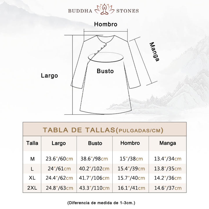 Camisa de lino y algodón con botones de rana y flores azules , Buddha Stones, hojas naranjas - image 4