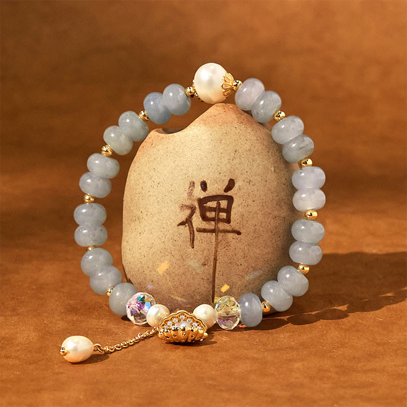 Pulsera de cuentas curativas de concha de perla y aguamarina natural de Buddha Stones
