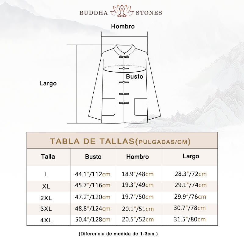 Conjunto de 2 piezas de traje Tang con botones de rana y camisa de manga larga para hombre, color liso , con Buddha Stones - image 3