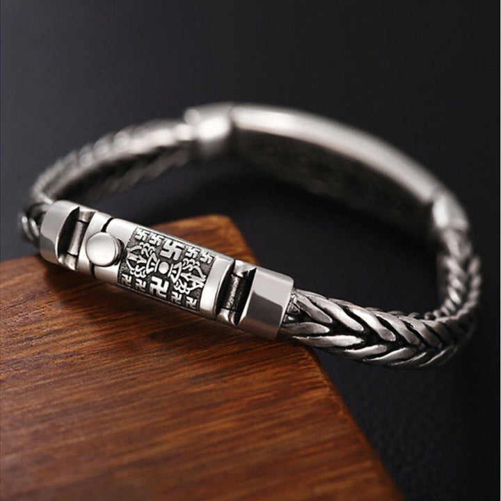 Pulsera de metal con Buddha Stones, tejido de cobre tibetano, con relieve Om Mani Padme Hum y Vajra Peace