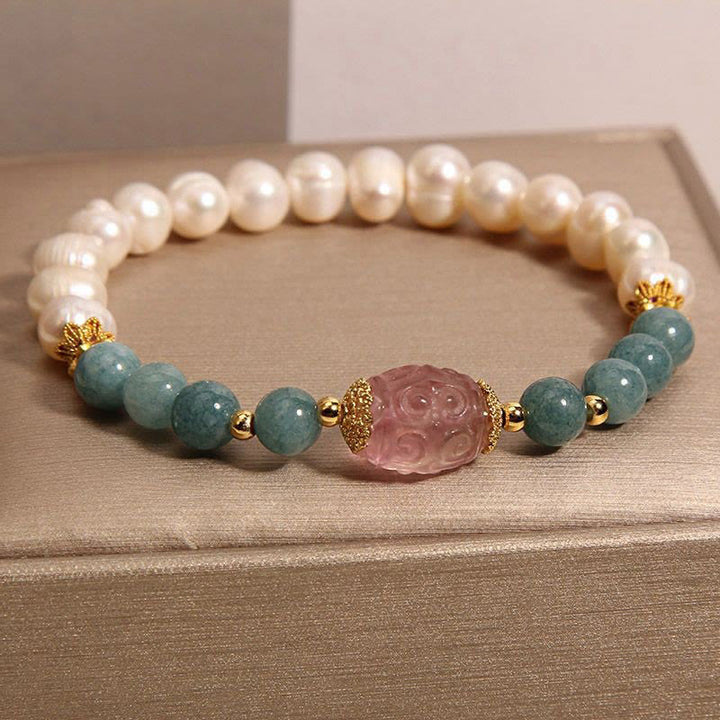 Pulsera de pureza de cuarzo fresa, jade y Buddha Stones