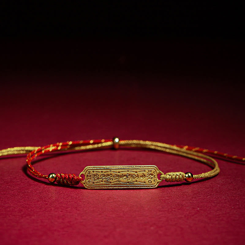 Pulsera de cuerda dorada roja con amuleto protector de cobre bañado en oro de 14 quilates con Buddha Stones