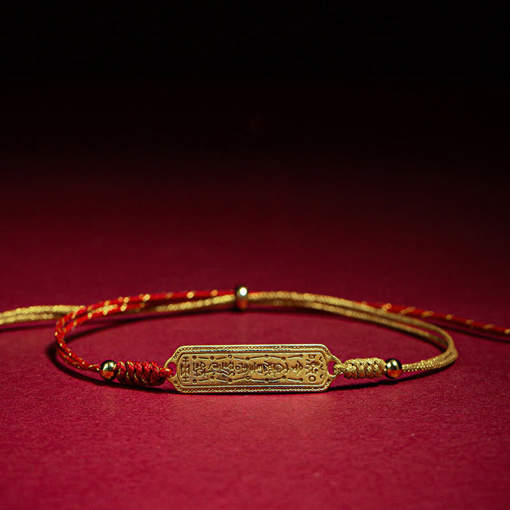 Pulsera de cuerda dorada roja con amuleto protector de cobre bañado en oro de 14 quilates con Buddha Stones