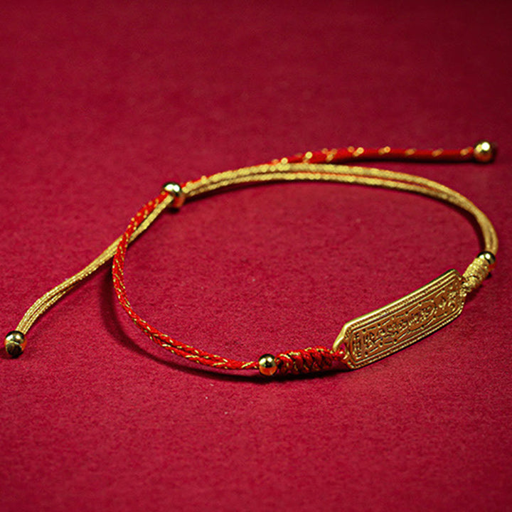 Pulsera de cuerda dorada roja con amuleto protector de cobre bañado en oro de 14 quilates con Buddha Stones