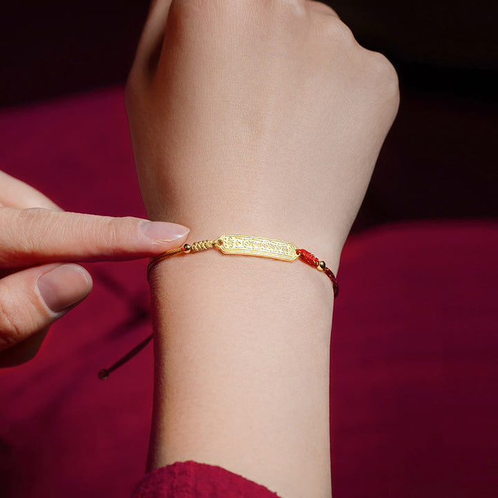 Pulsera de cuerda dorada roja con amuleto protector de cobre bañado en oro de 14 quilates con Buddha Stones