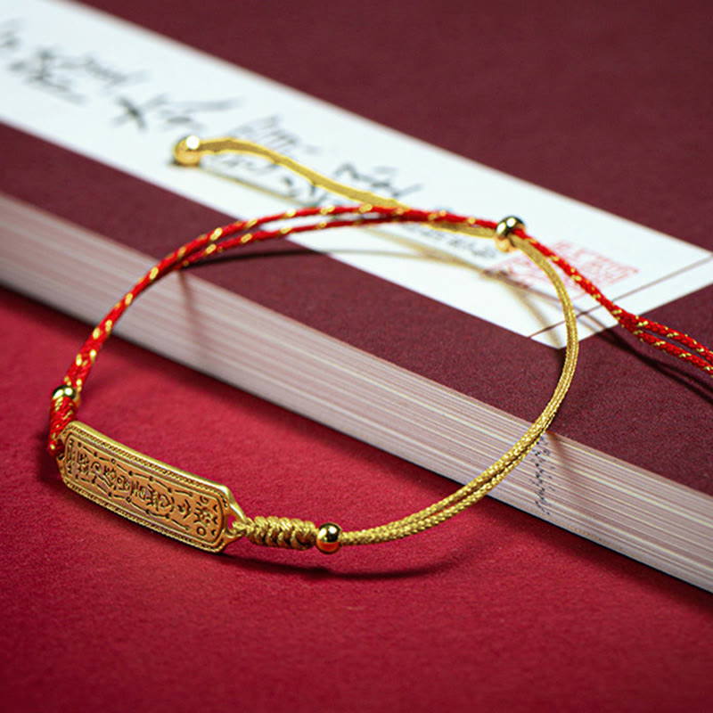 Pulsera de cuerda dorada roja con amuleto protector de cobre bañado en oro de 14 quilates con Buddha Stones