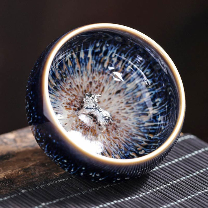 Taza de té de cerámica con diseño de Buddha Stones, hecha a mano, con diseño de pez koi, loto, dragón y fénix, del zodiaco chino, 12 piezas, 70 ml