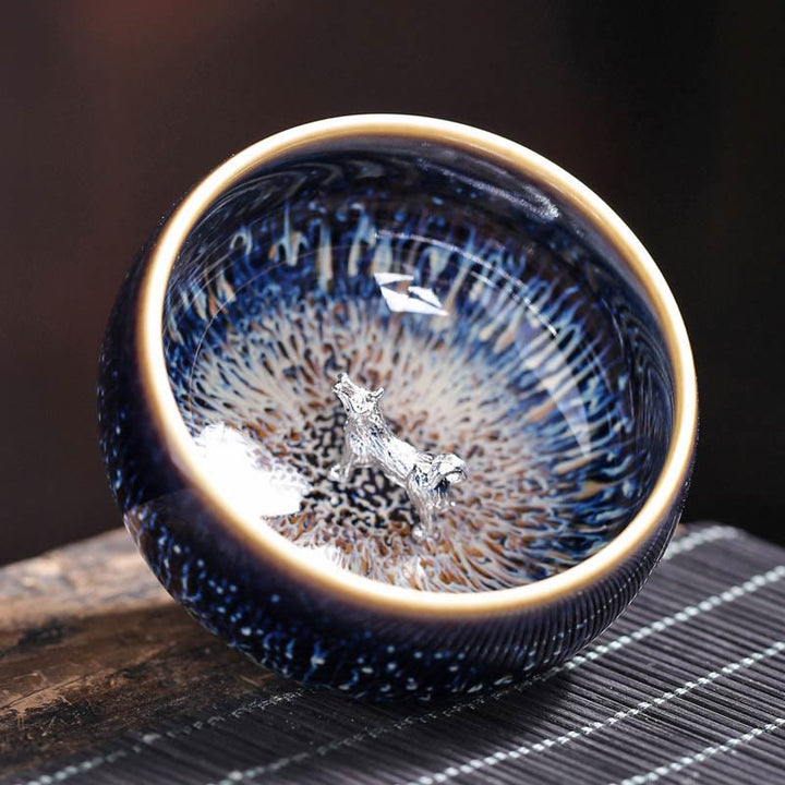 Taza de té de cerámica con diseño de Buddha Stones, hecha a mano, con diseño de pez koi, loto, dragón y fénix, del zodiaco chino, 12 piezas, 70 ml