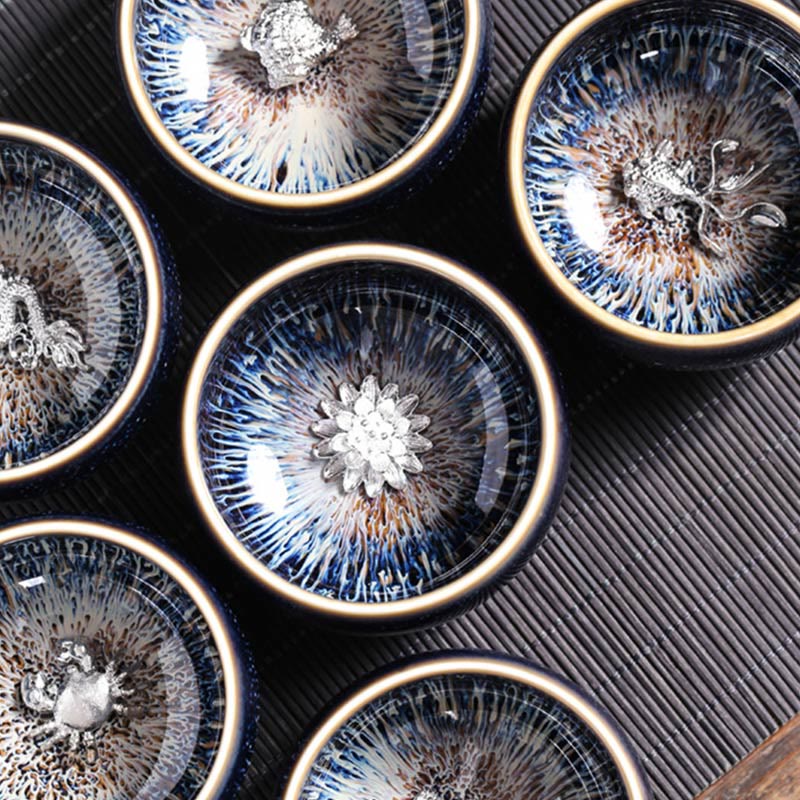 Taza de té de cerámica con diseño de Buddha Stones, hecha a mano, con diseño de pez koi, loto, dragón y fénix, del zodiaco chino, 12 piezas, 70 ml