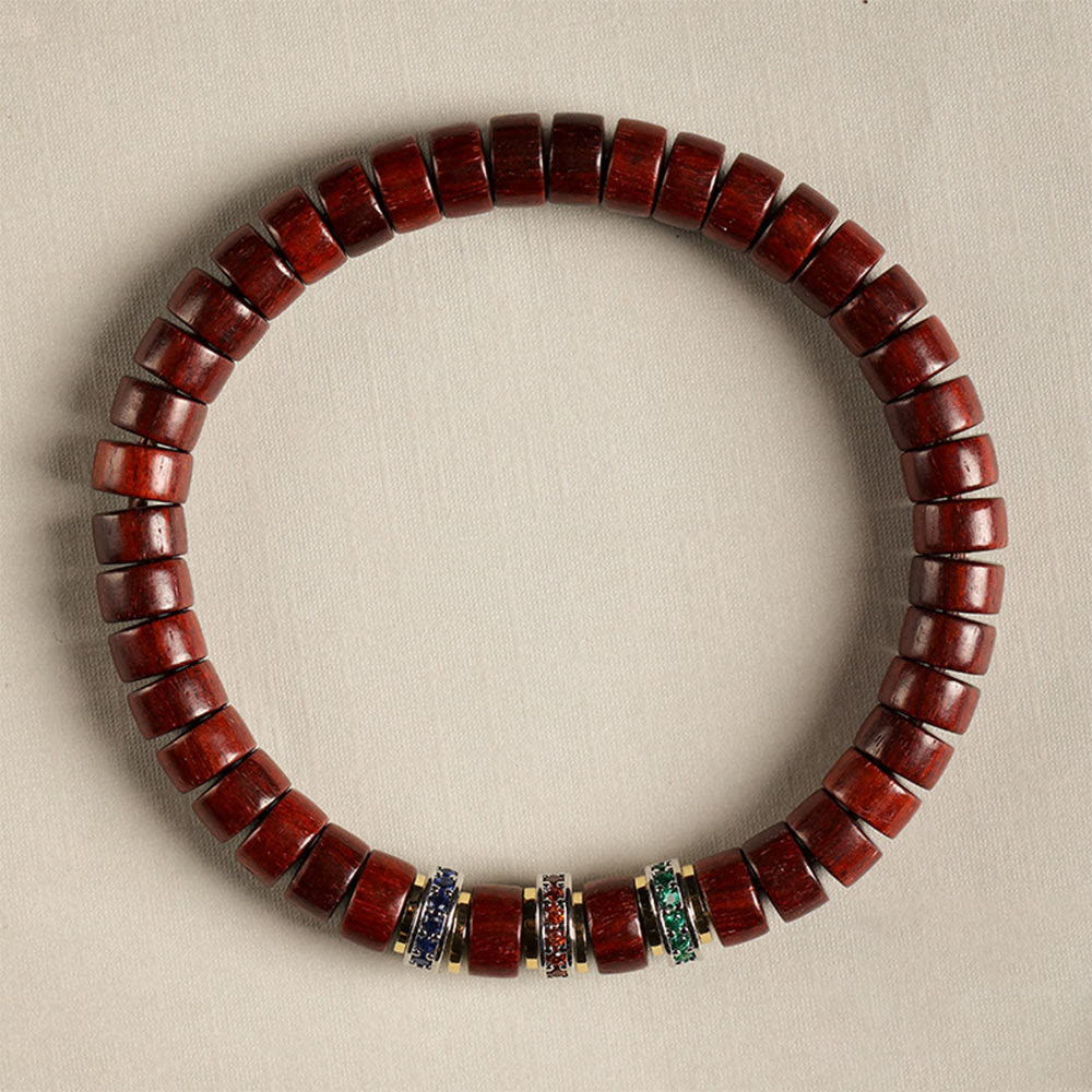 Pulsera de la paz con Buddha Stones, madera de ébano y sándalo rojo con hojas pequeñas y circonitas