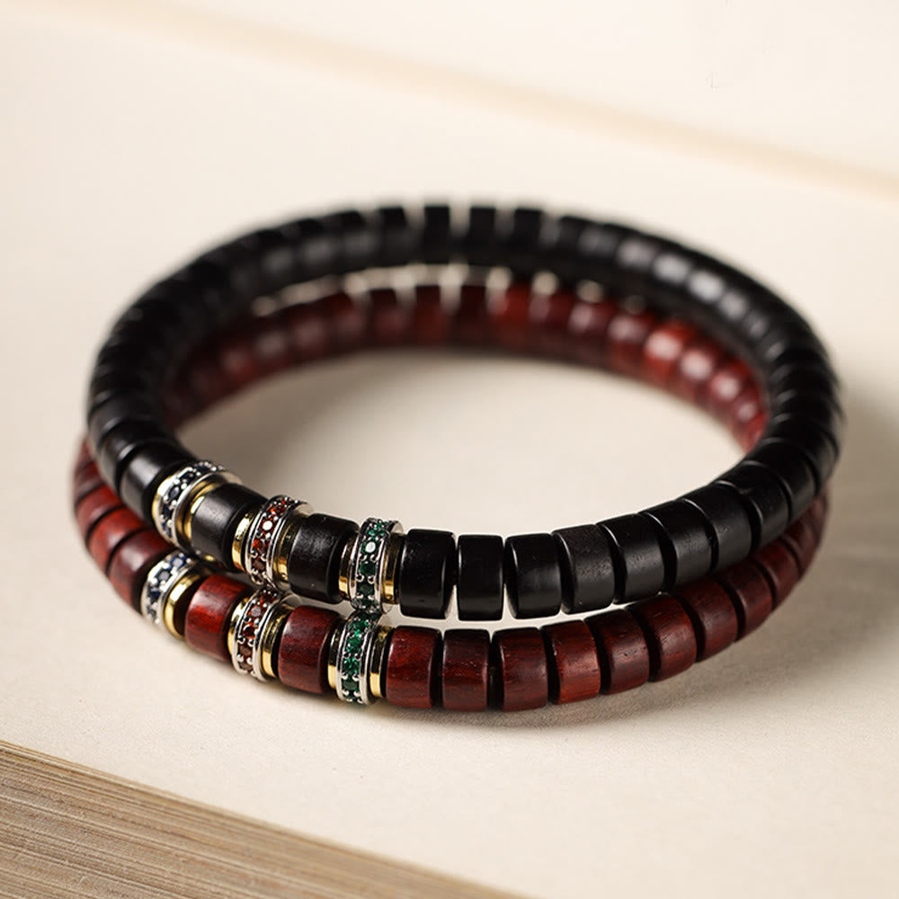 Pulsera de la paz con Buddha Stones, madera de ébano y sándalo rojo con hojas pequeñas y circonitas