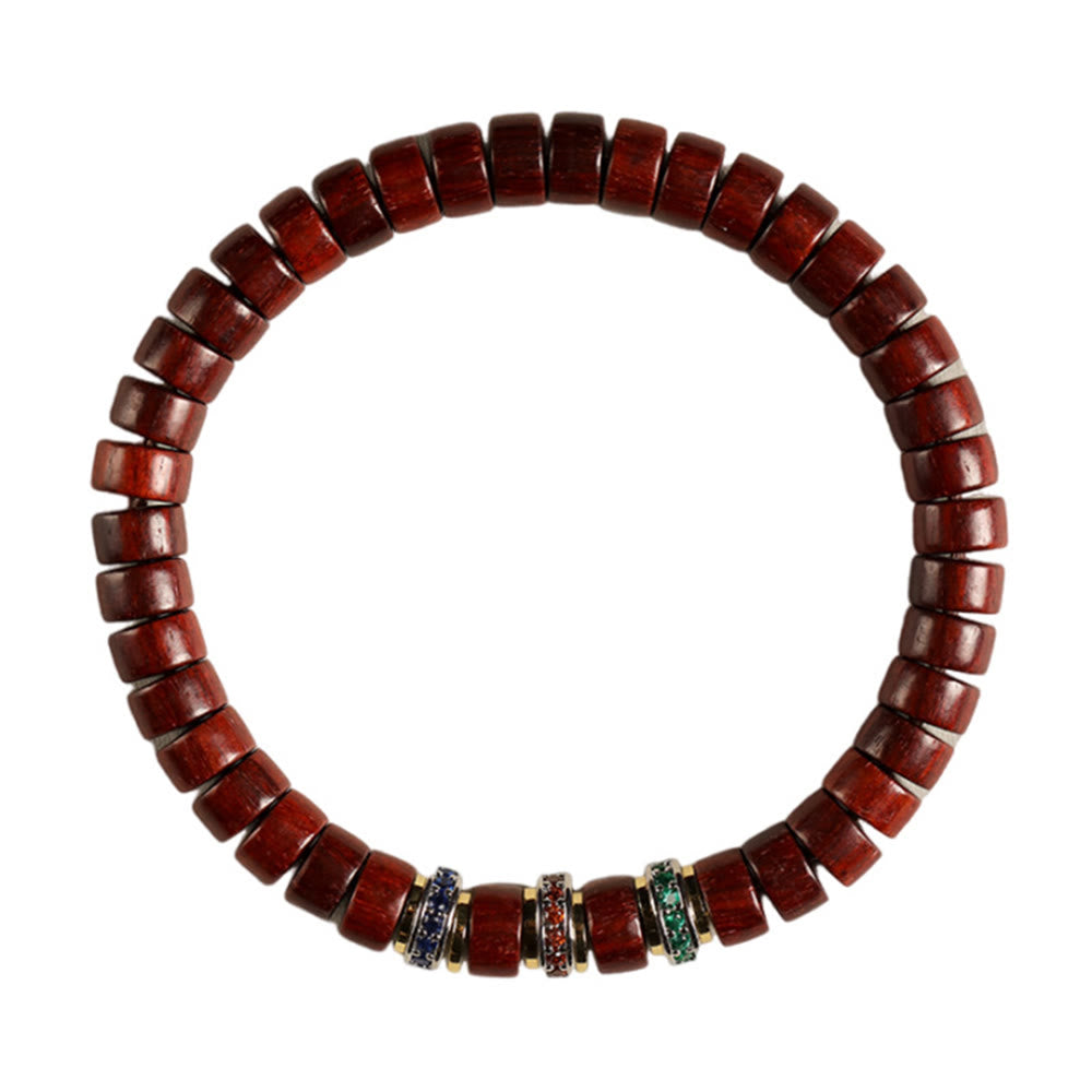 Pulsera de la paz con Buddha Stones, madera de ébano y sándalo rojo con hojas pequeñas y circonitas
