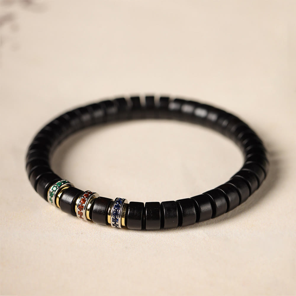 Pulsera de la paz con Buddha Stones, madera de ébano y sándalo rojo con hojas pequeñas y circonitas