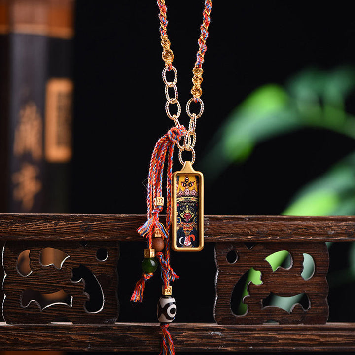 Colgante de collar de la riqueza con Thangka de acero de titanio y Buddha Stones del Tíbet, dios de la riqueza
