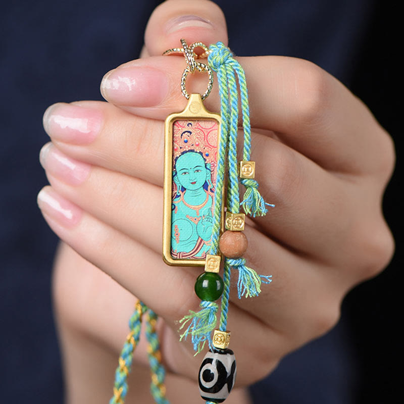 Colgante de collar de la riqueza con Thangka de acero de titanio y Buddha Stones del Tíbet, dios de la riqueza