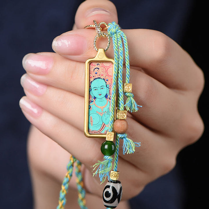 Colgante de collar de la riqueza con Thangka de acero de titanio y Buddha Stones del Tíbet, dios de la riqueza