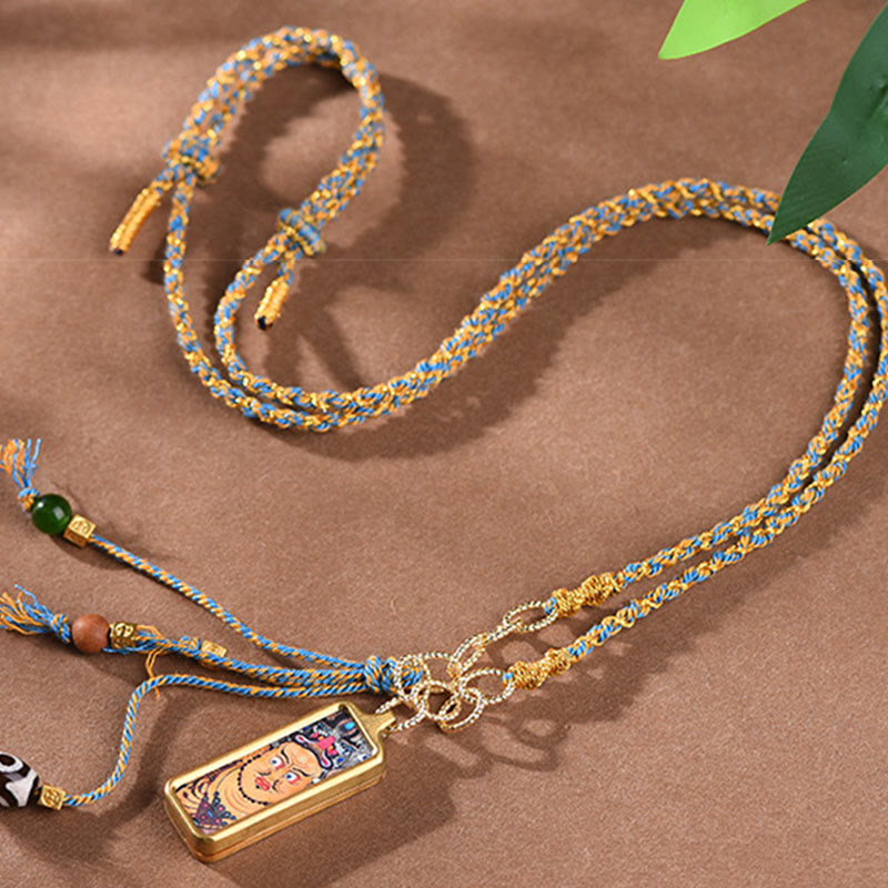 Colgante de collar de la riqueza con Thangka de acero de titanio y Buddha Stones del Tíbet, dios de la riqueza