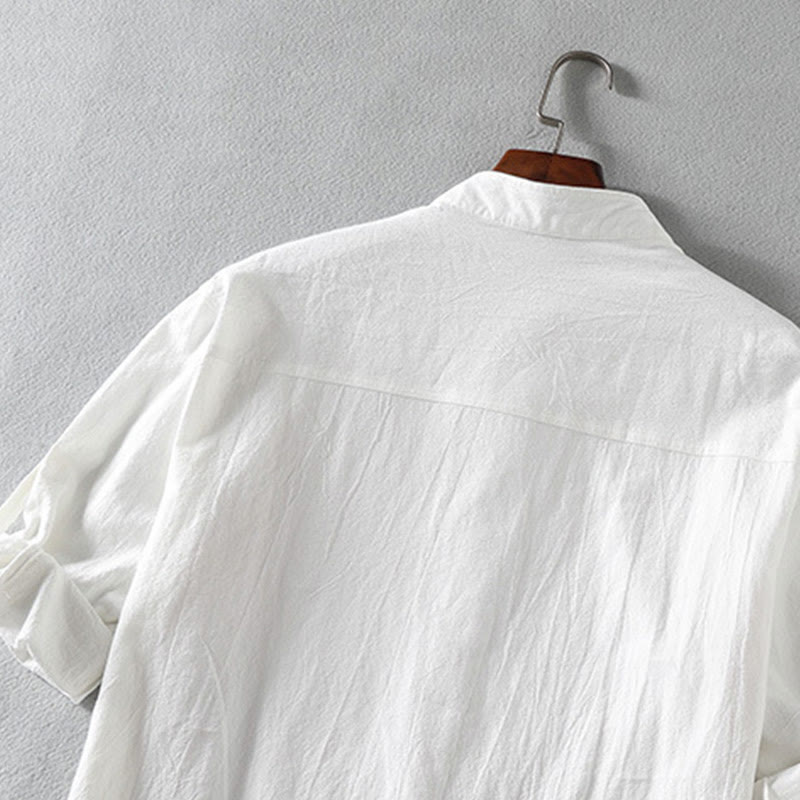 Camisa de lino y algodón para hombre, estilo vintage, informal, lisa, de botonadura sencilla, con mangas tres cuartos y bolsillo, de Buddha Stones