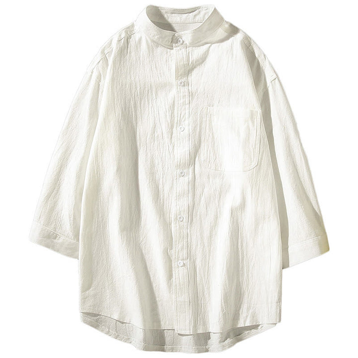 Camisa de lino y algodón para hombre, estilo vintage, informal, lisa, de botonadura sencilla, con mangas tres cuartos y bolsillo, de Buddha Stones