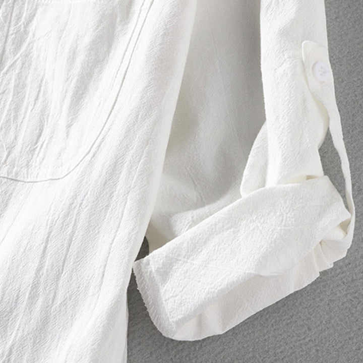 Camisa de lino y algodón para hombre, estilo vintage, informal, lisa, de botonadura sencilla, con mangas tres cuartos y bolsillo, de Buddha Stones