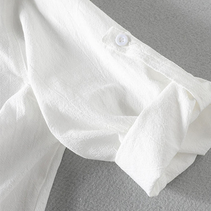 Camisa de lino y algodón para hombre, estilo vintage, informal, lisa, de botonadura sencilla, con mangas tres cuartos y bolsillo, de Buddha Stones