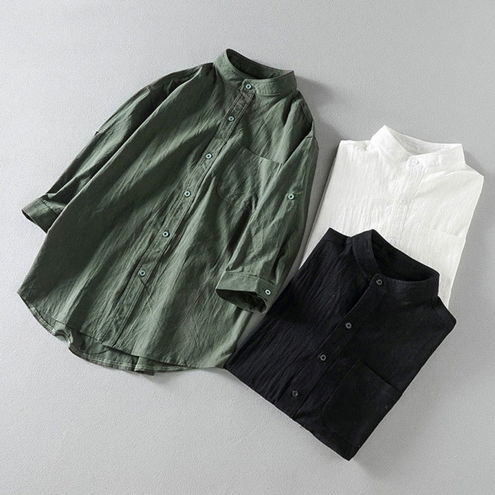 Camisa de lino y algodón para hombre, estilo vintage, informal, lisa, de botonadura sencilla, con mangas tres cuartos y bolsillo, de Buddha Stones