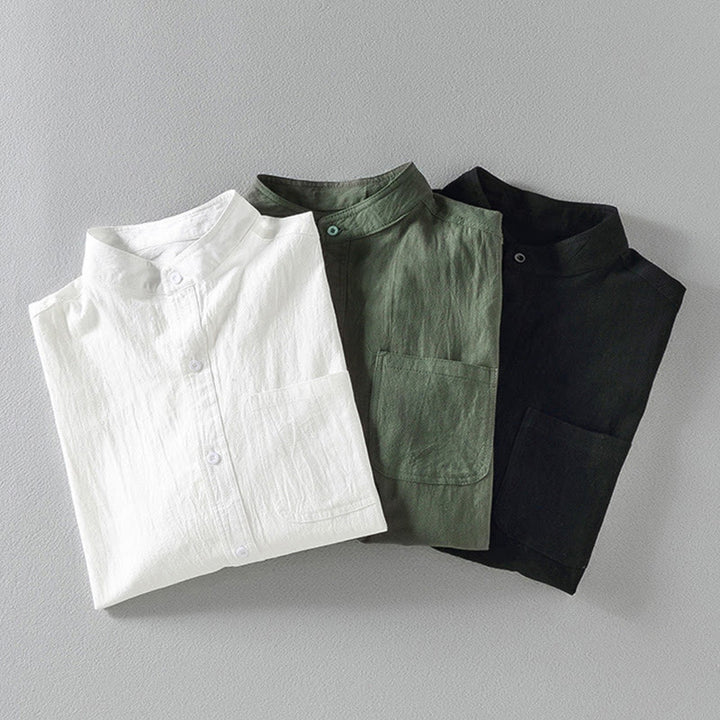 Camisa de lino y algodón para hombre, estilo vintage, informal, lisa, de botonadura sencilla, con mangas tres cuartos y bolsillo, de Buddha Stones