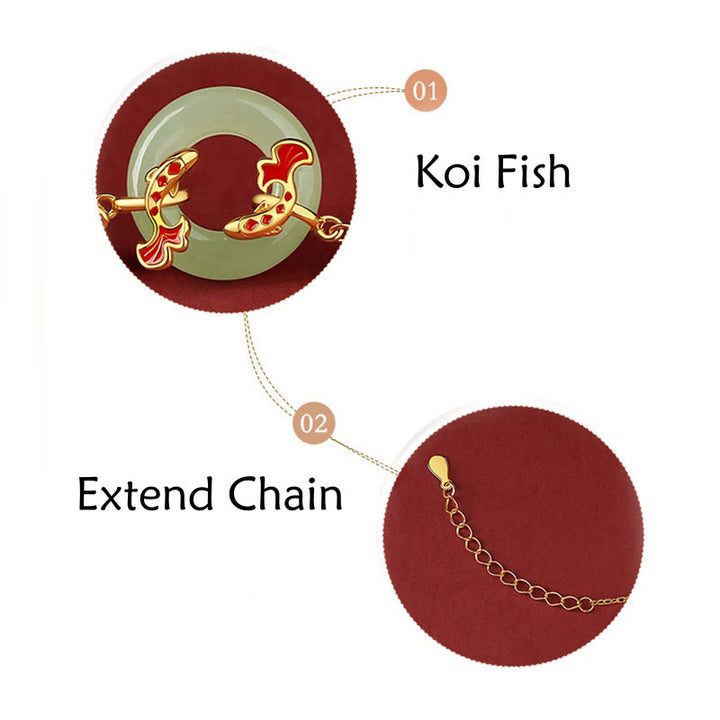 Pulsera de plata de ley 999 con Buddha Stones , jade blanco hetiano, doble pez Koi, hebilla de la paz, amuleto de la suerte y riqueza